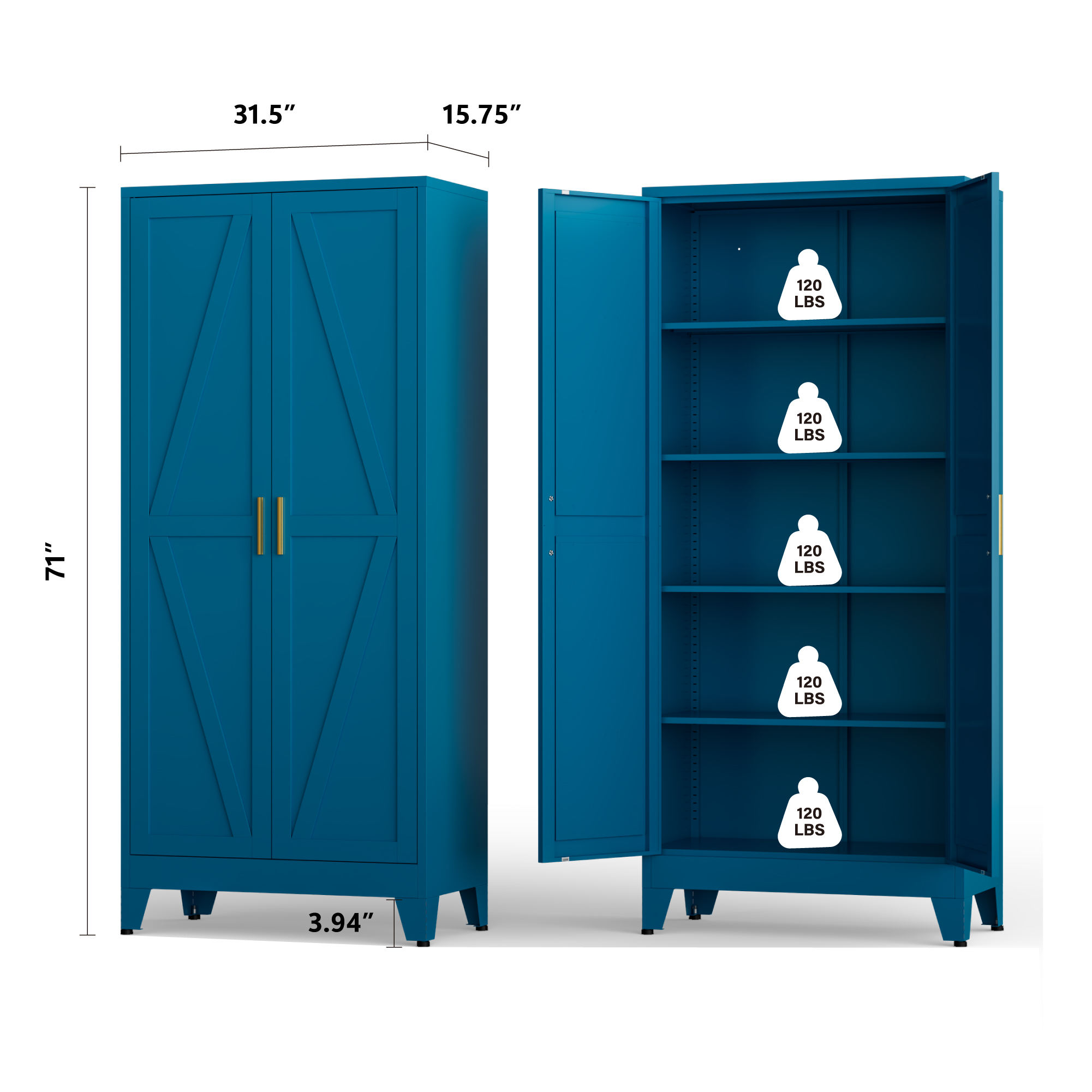 CHSHIN Metal Kitchen Pantry Cabinet, 71" Blue Farmhouse Storage Cabinet with 2 Vintage Barn Doors and 4 Adjustable Shelves, Rustic Freestanding Cupboard for Kitchen