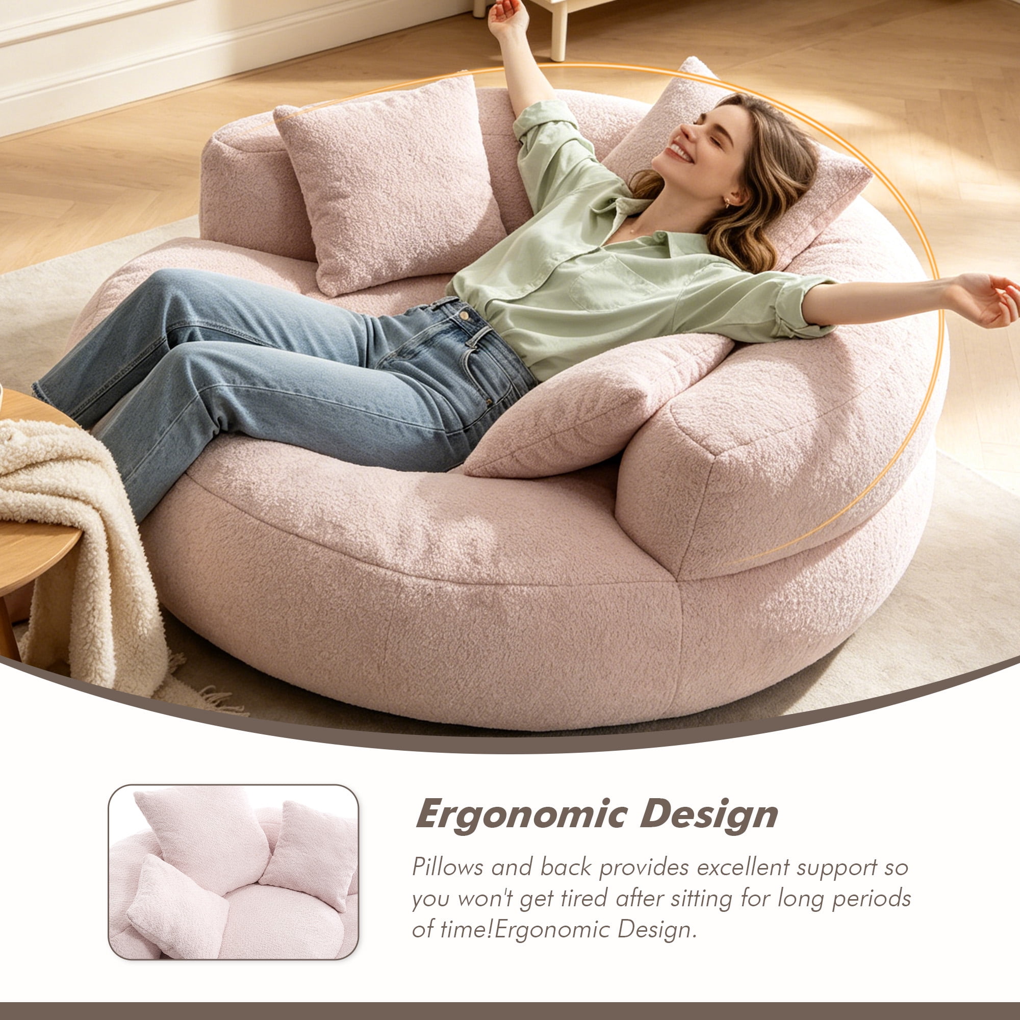 MOONMISS Oversized Bean Bag Chair, Chenille Lazy Bean Bag Sofa with Wrap-Around Backrest & Pillows for Living Room,Pink