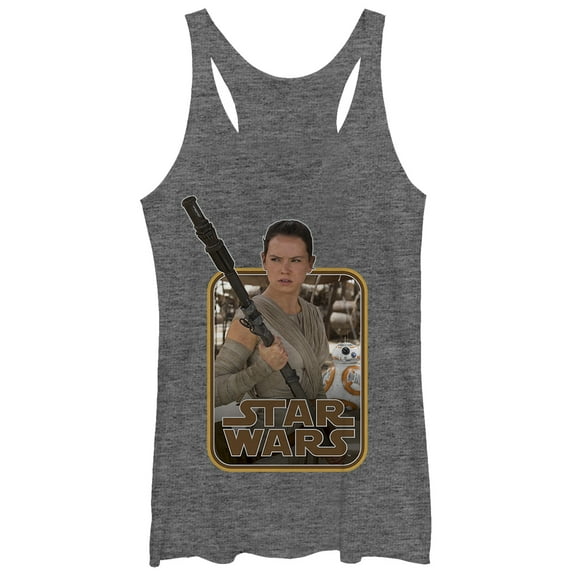 Women's Star Wars The Force Awakens Retro Rey and BB-8  Racerback Tank Top Gray Heather X Large