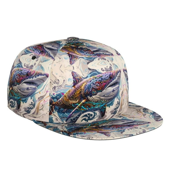 Flat Bill Trucker Hats for Women Men - Psychedelic Shark Artwork Adjustable Flat Baseball Cap Snapback Hats Dad Hats for Men
