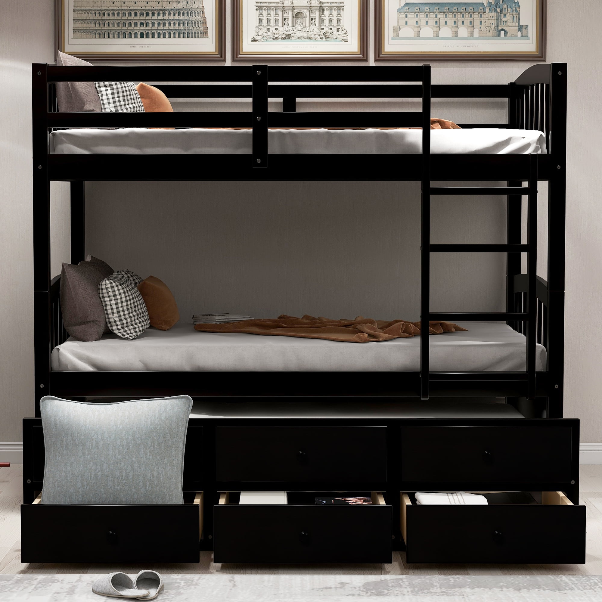Private Jungle Twin Bunk Beds with Trundle and Ladder, Twin Loft Beds with 3 Drawers for Kids, Espresso