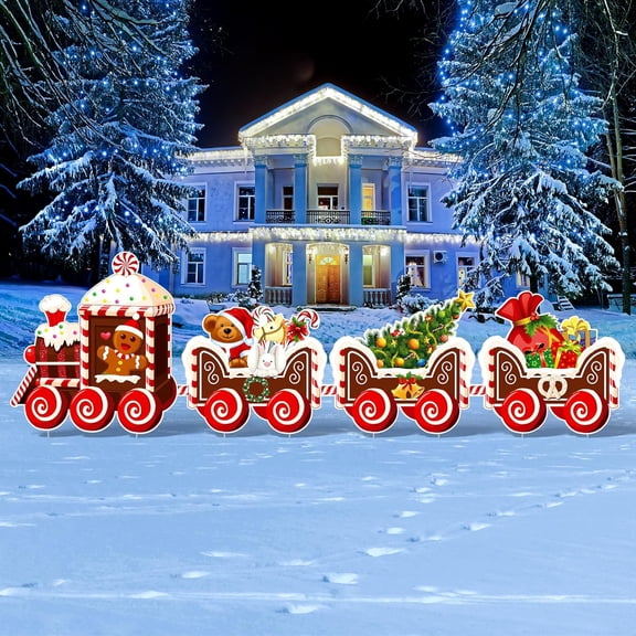 4 Pieces Outdoor Yard Train Lawn Sign Gingerbread Santa Snowman Heart Yard Sign With 8 Yard Stakes For Outdoor Christmas Decorations