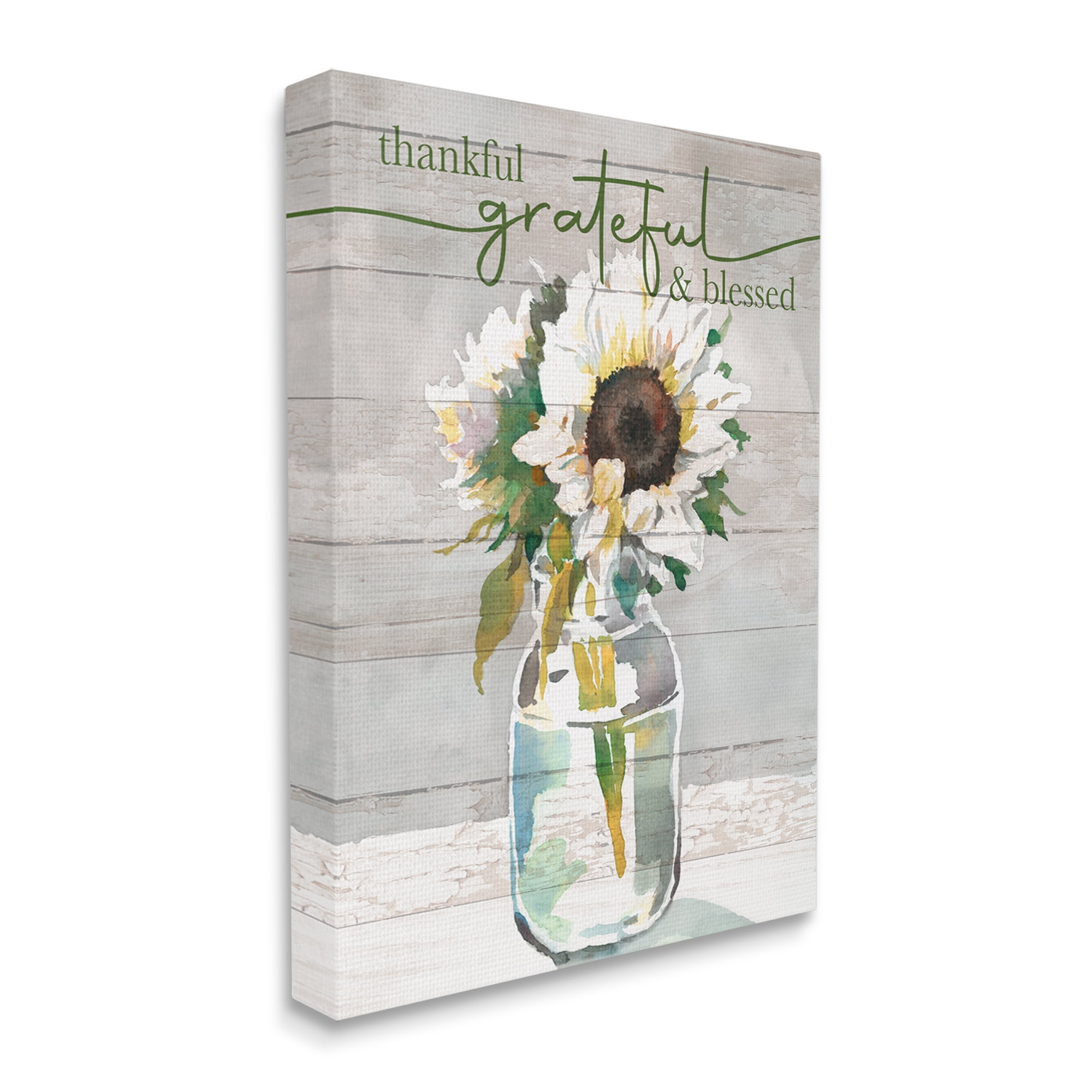 Stupell Industries Grateful & Blessed Layered Sunflower Country Planked Pattern Graphic Art Gallery Wrapped Canvas Print Wall Art, Design by Theresa Heidel