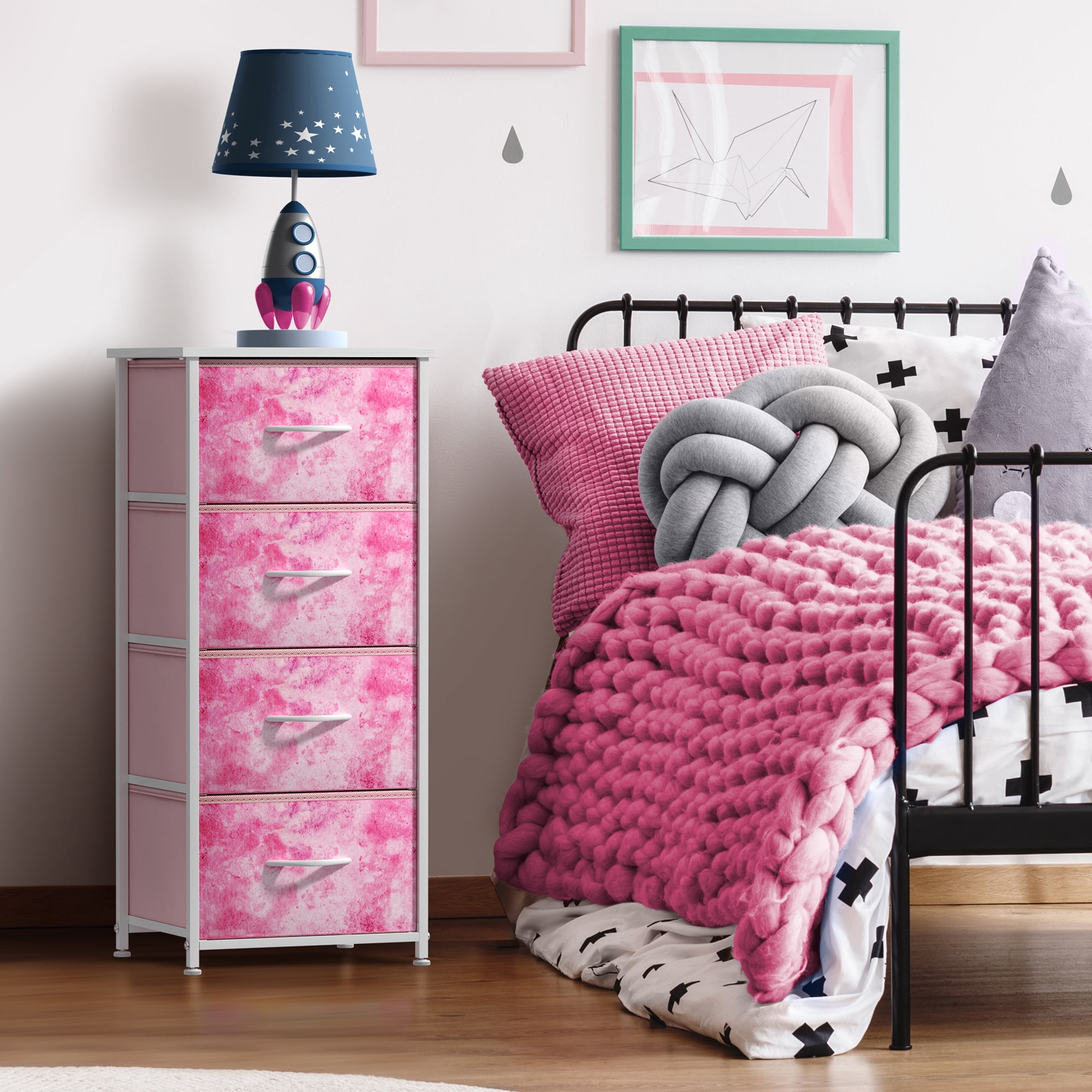 Sorbus 4-Drawer Nightstand, Bedside Table with Steel Frame, Wood Top, Tie-Dye Pink