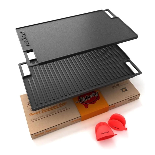 Plancha Reversible de Hierro Fundido NutriChef Roja para Cocina de Gas y Eléctrica con Guante de Sil