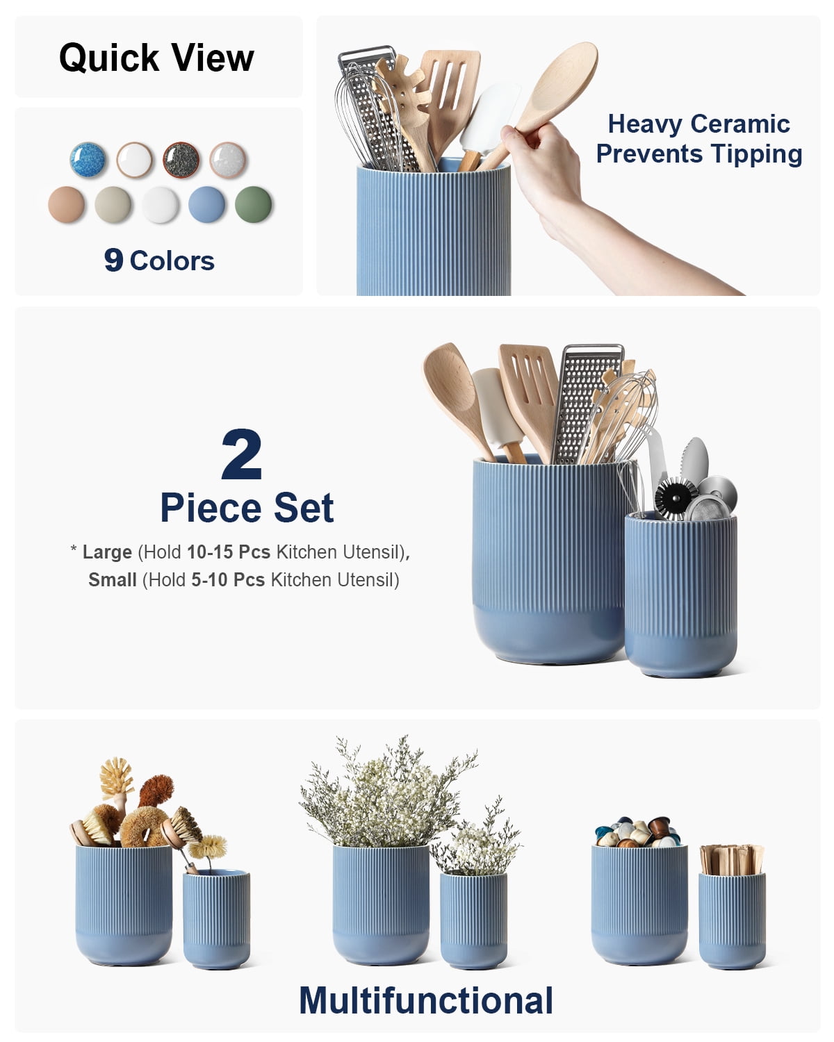 LE TAUCI 2-Pack Utensil Holders, 7.3"+5.4" Ceramic Crocks for Kitchen Storage, Dusty Blue Kitchen Utensil Holders
