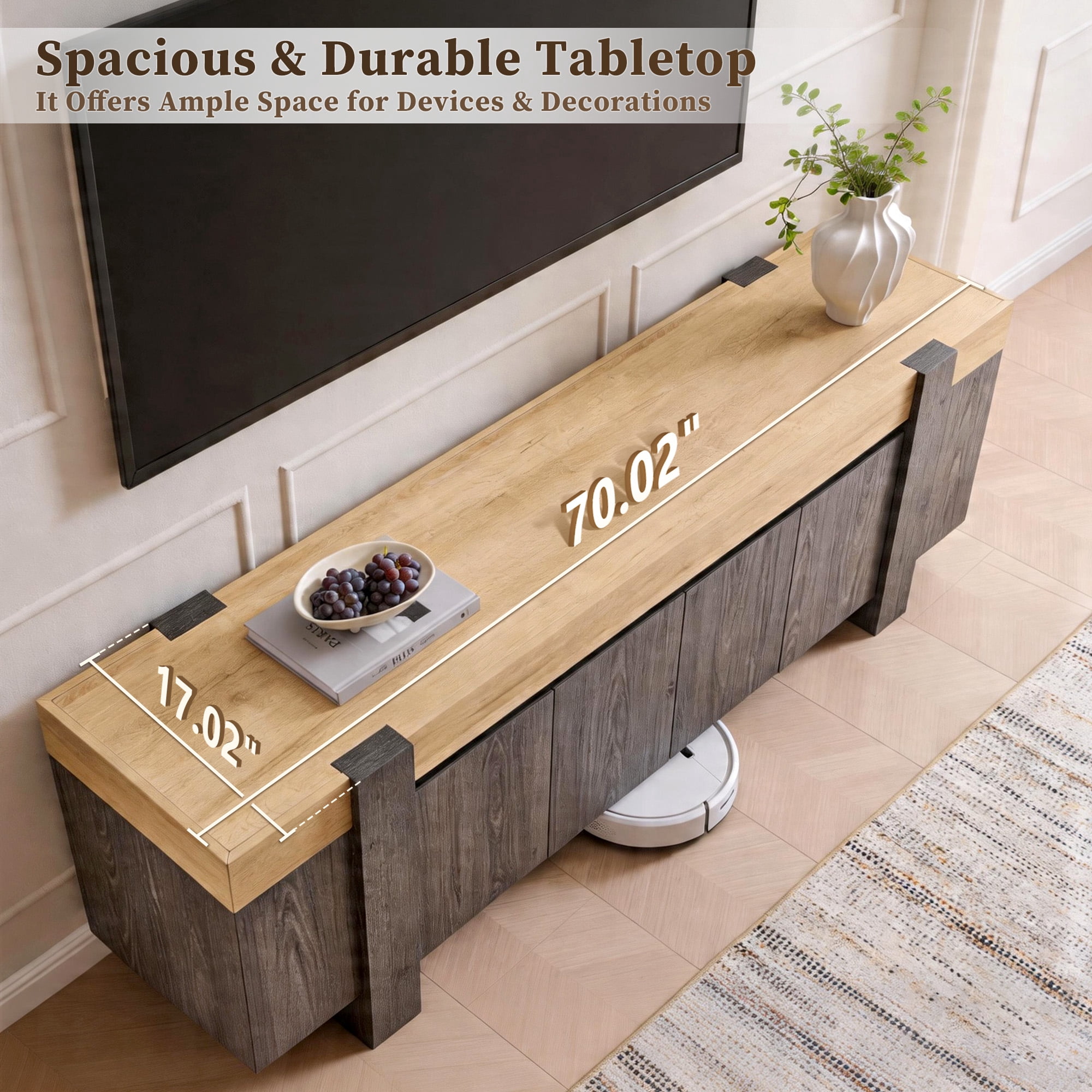 KeyWhat TV Stand for TVs Up to 80", Modern Farmhouse Entertainment Center with Storage Cabinet, Media Console Table for Living Room, Natural Oak with Dark Alder