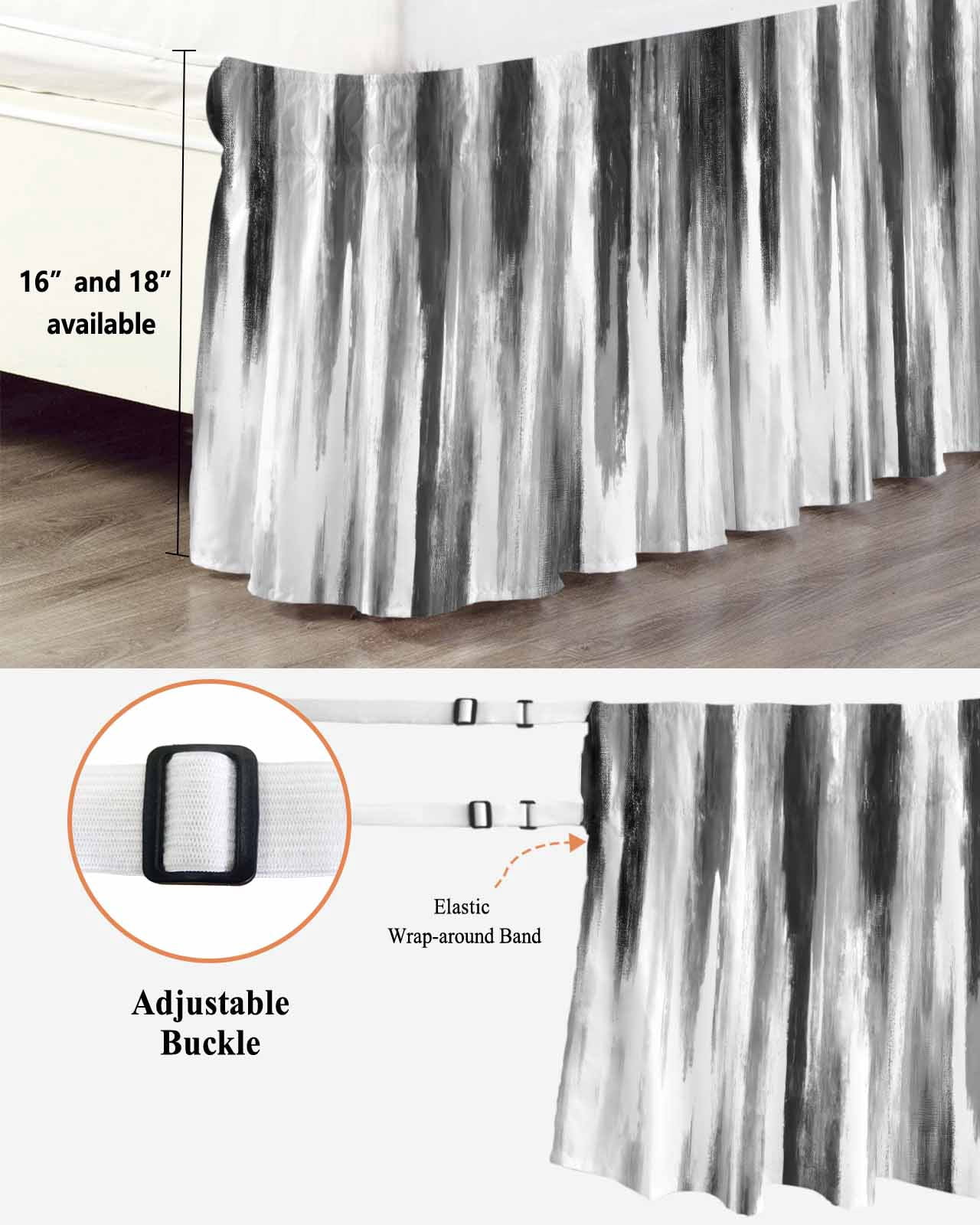 Black Gray White Bed Skirt Cal King Size, Vintage Rustic Abstract Ombre Aesthetic Wrap Around Bed Skirting with Adjustable Elastic Strap, Dust Ruffled Pleated Bedskirts 18 Inch Drop for Bedroom Beds