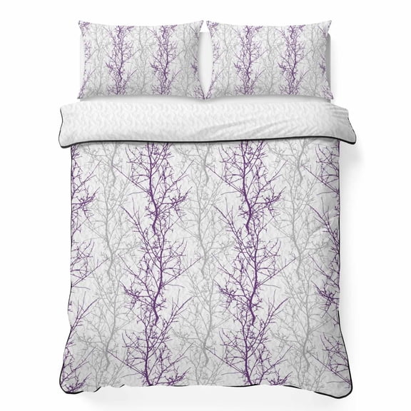 Twin Quilt Set 68''x86'', Purple Grey Branch Lightweight Summer Bedspread Coverlet Set with 2 Pillow Shams, Spring Summer Pastoral Botanical Breathable All Season Quilt Bedding for Dorm/Bedroom