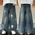 thumbnail image 2 of Otqutp Boys Distressed Baggy Jeans Pull‑on Elastic Waist Denim Pants with Paint‑Splash Print Kids Vintage Wide Leg Bottoms, 2 of 7