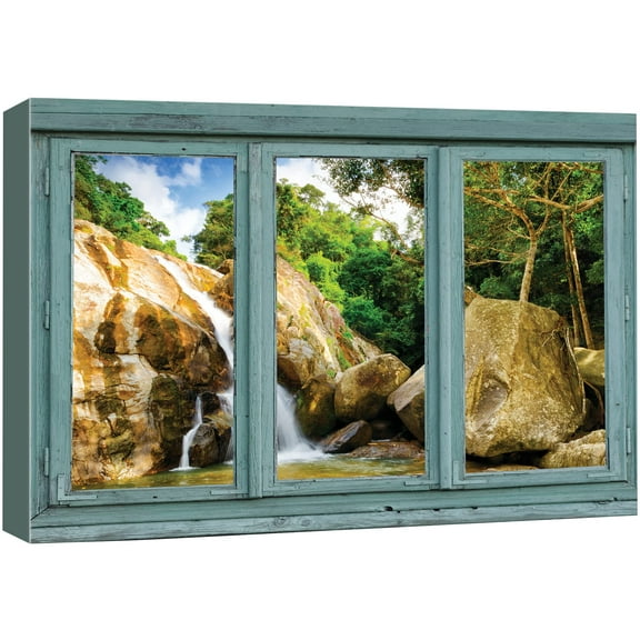 wall26 - Vintage Teal Window Looking Out Into a Rocky Waterfall - Canvas Art Home Art - 24x36 inches