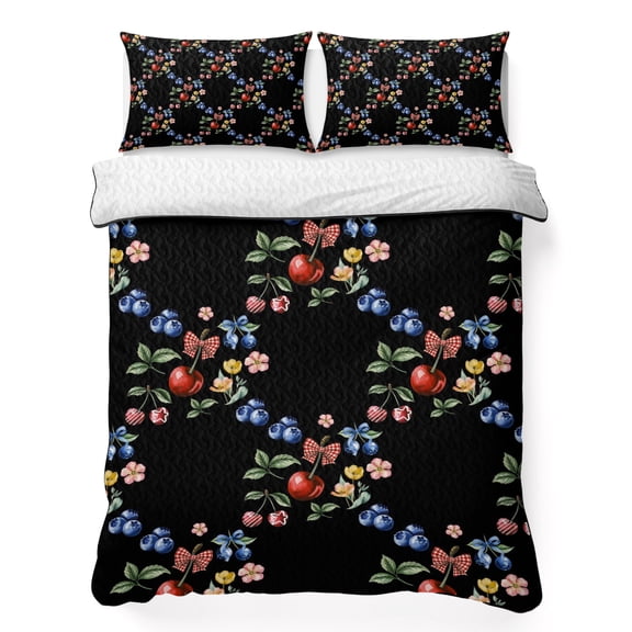 Twin XL Quilt Set, Spring Blueberry Cherry Flowers Leaves Lightweight Quilt Sets Summer Comforter Coverlets with 2 Pillow Shams, Plants on Black Breathable 3 Piece Bedding Set for All Seasons