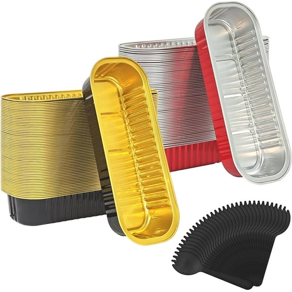 30 Pcs Mini Loaf Pans with Forks 6.8 Oz Rectangle Aluminum Foil Mini Baking Pans Muffin Tins, Disposable Cake Containers for Brownie Bread Cheesecake on Wedding Birthday Holiday Party, Black God&Red