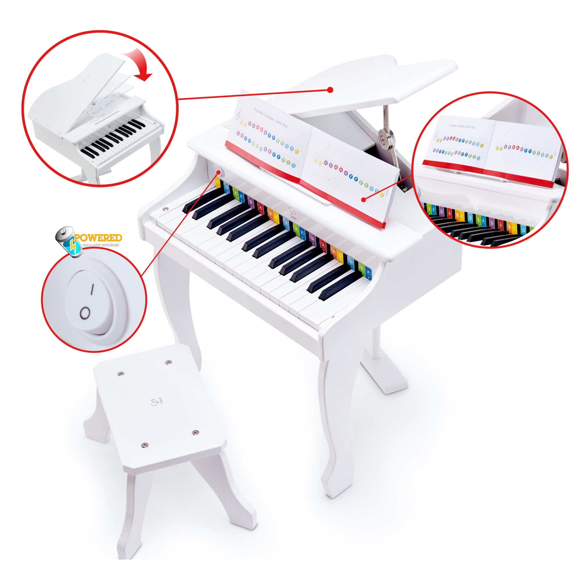 Hape Deluxe Thirty Key White Grand Piano W/ Stool, Battery