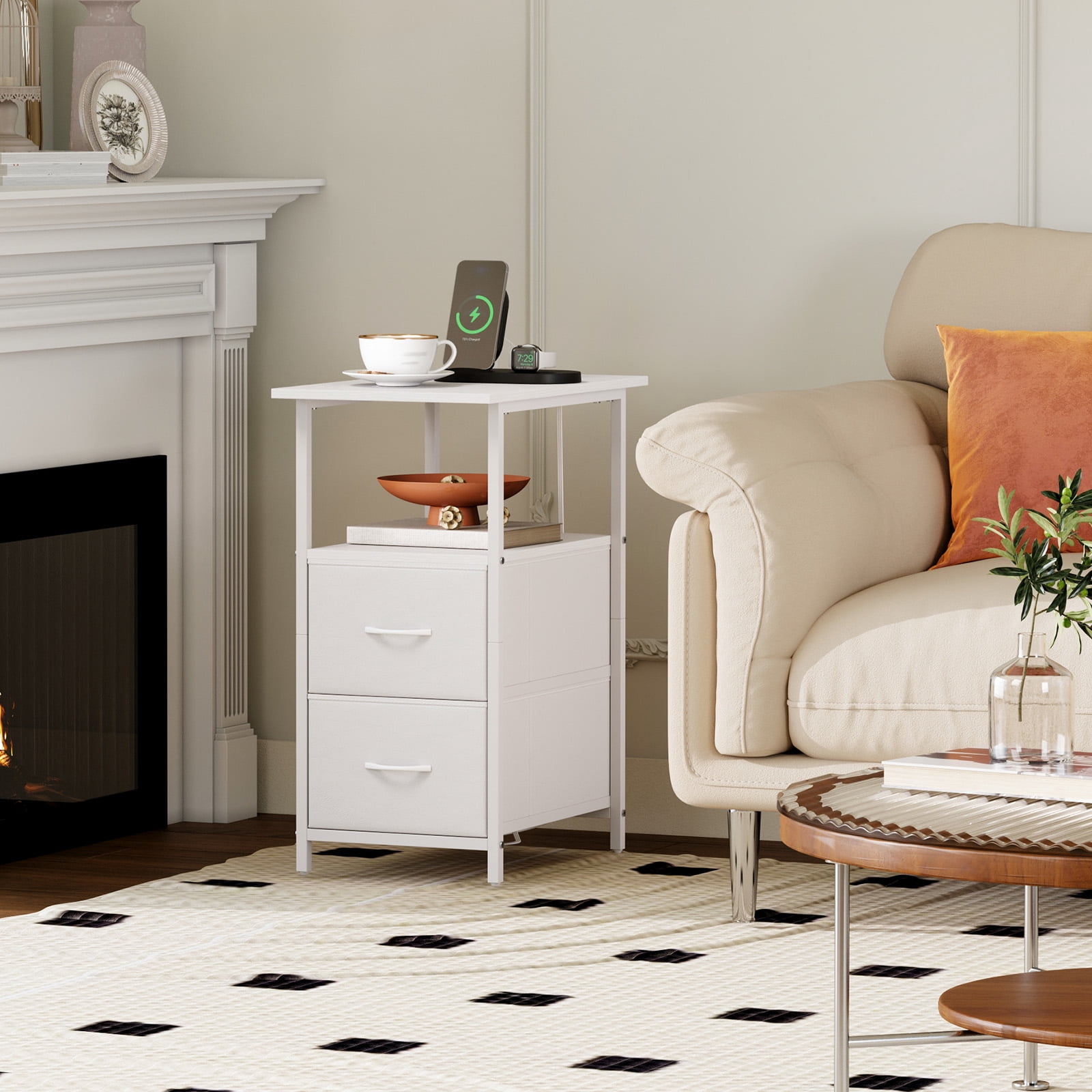 Eunos White Long End Table with Charging Station, Nightstand with Open Shelf, 2 Fabric Drawer