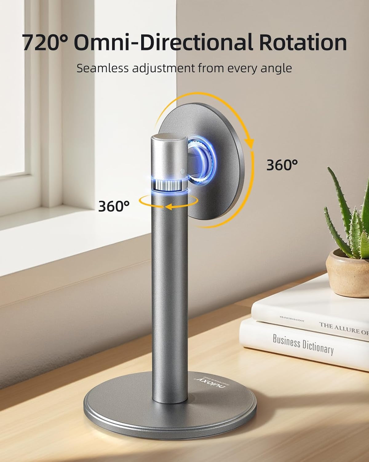 Magnetic Full Aluminum Cell Phone Stand for MagSafe with Metal Ring, 360 Rotating Phone Stand for Desk, Office Desk Accessories, Adjustable Phone Holder Compatible with All Phones, Gray