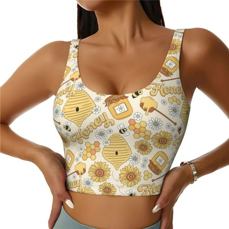 Jgfou Honey Honeycomb Print Womens Sports Bra - Padded Workout Sports Bras Crop Tank Top