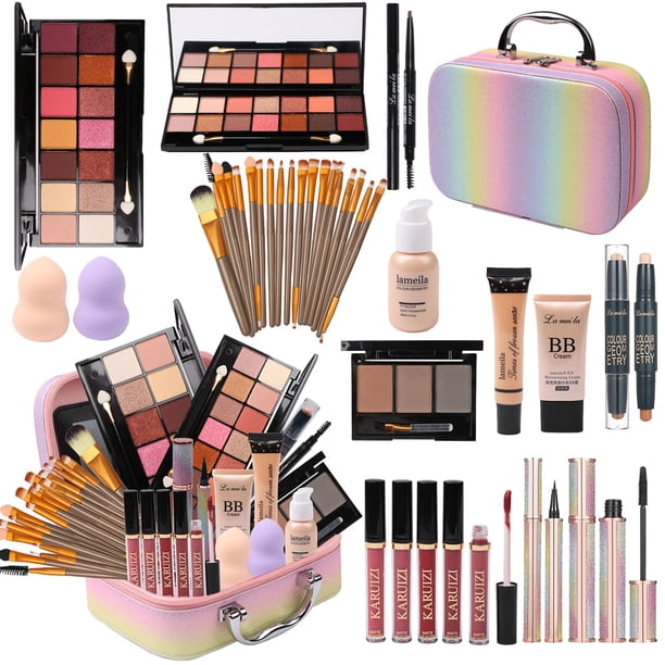 Set de maquillaje para niñas Kit de maquillaje Rainbow Cajas de belleza con pinceles y cosméticos Organizador de estuche de maquillaje de moda Rosa
