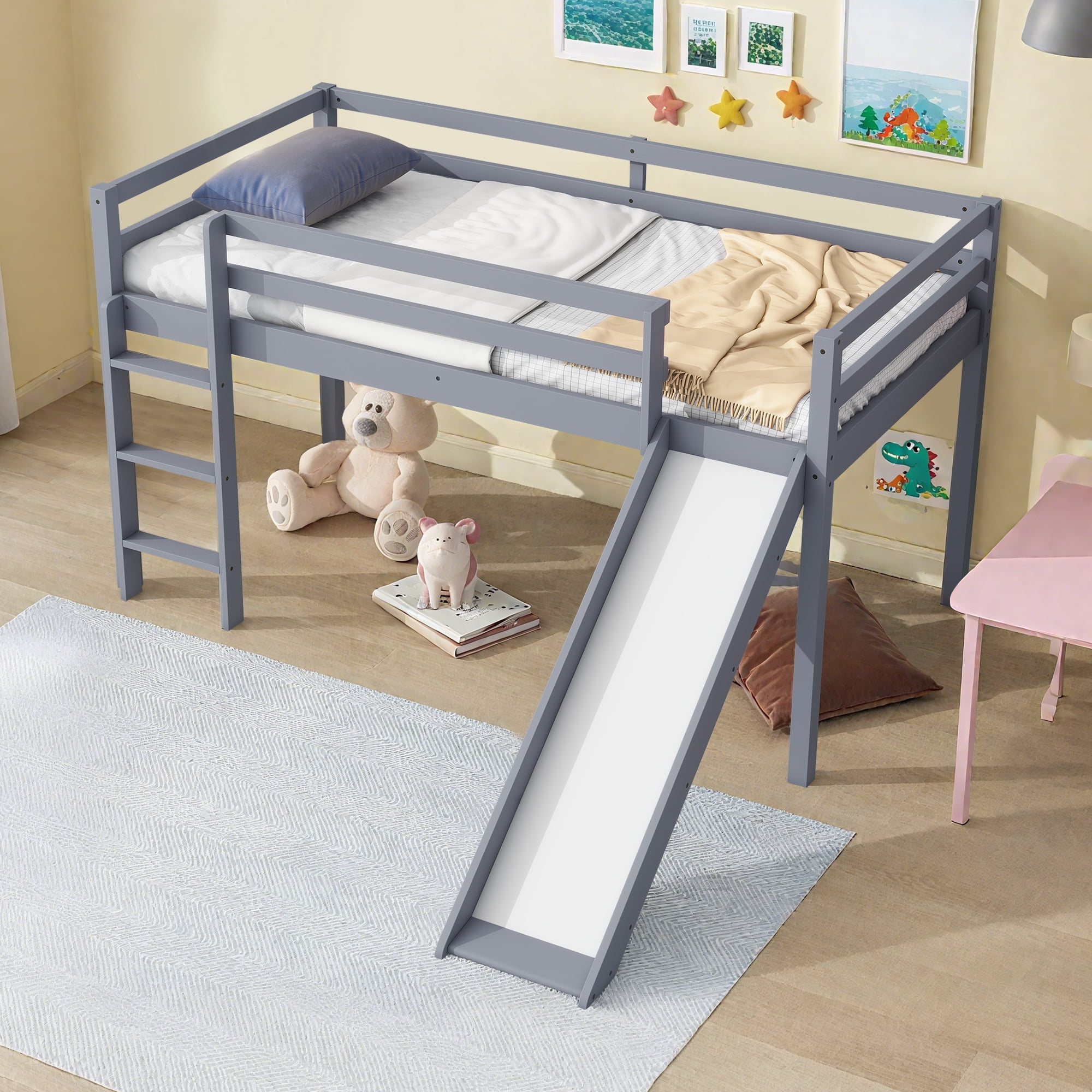 Miniyam Twin Size Kids Loft Bed with Slide, Guardrails, Pale Gray
