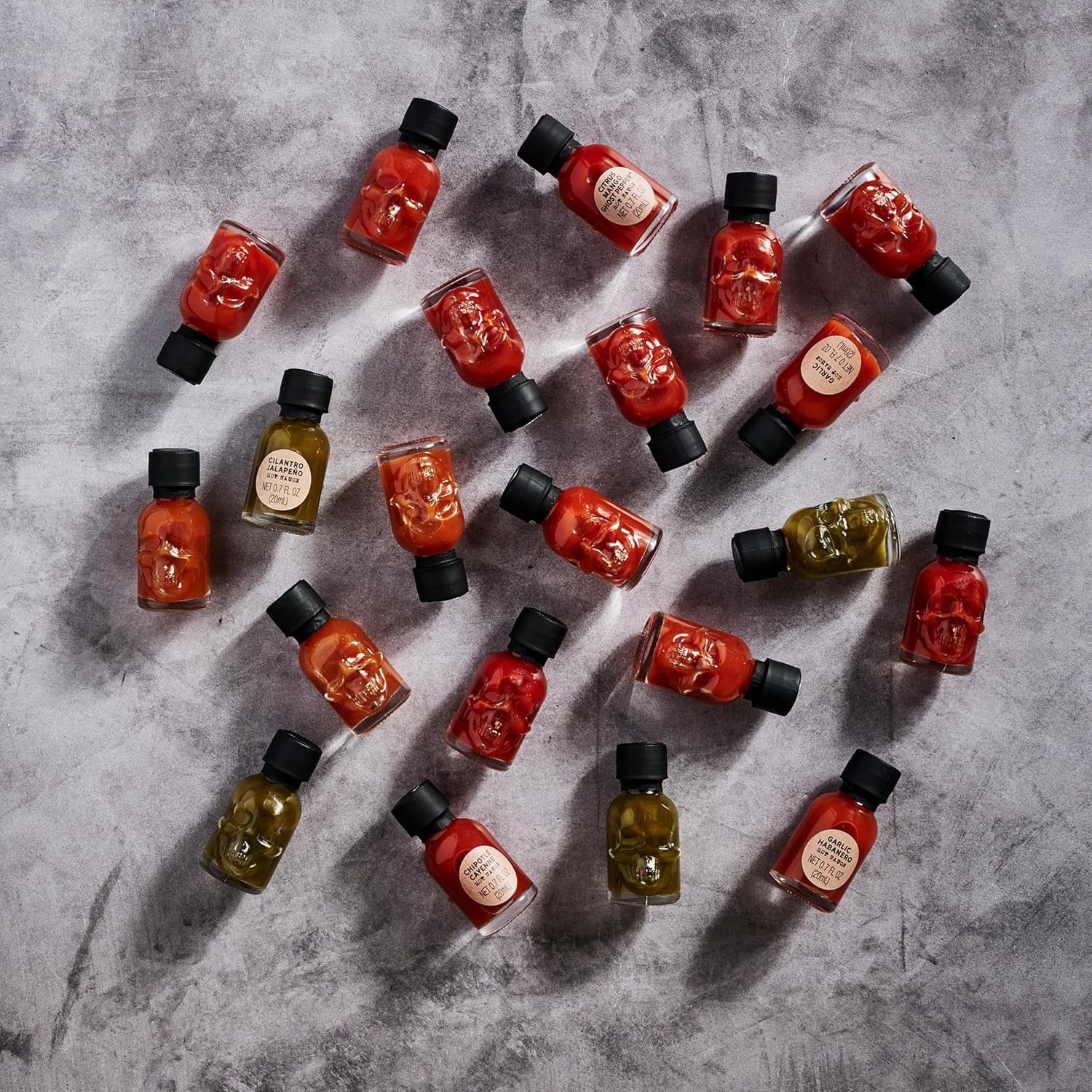 Man Crates Hot Sauce Inferno Flight, Includes 21 Flavors in Skull-Shaped Mini Hot Sauce Bottles, Spicy Challenge with Habanero, Ghost Pepper for Father's Day Gifts
