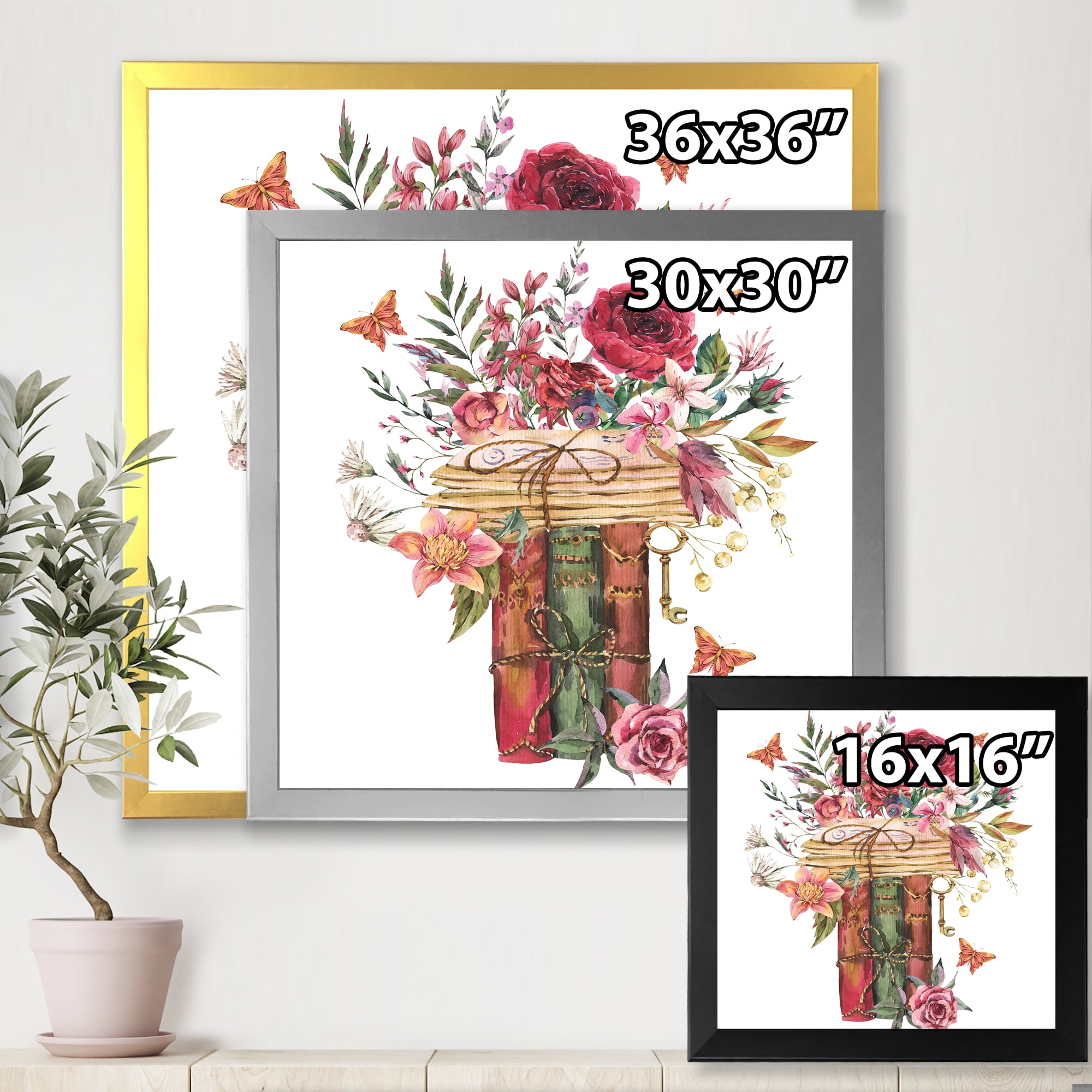 Designart 'Wildflowers With Vintage Old Books' Farmhouse Framed Art Print