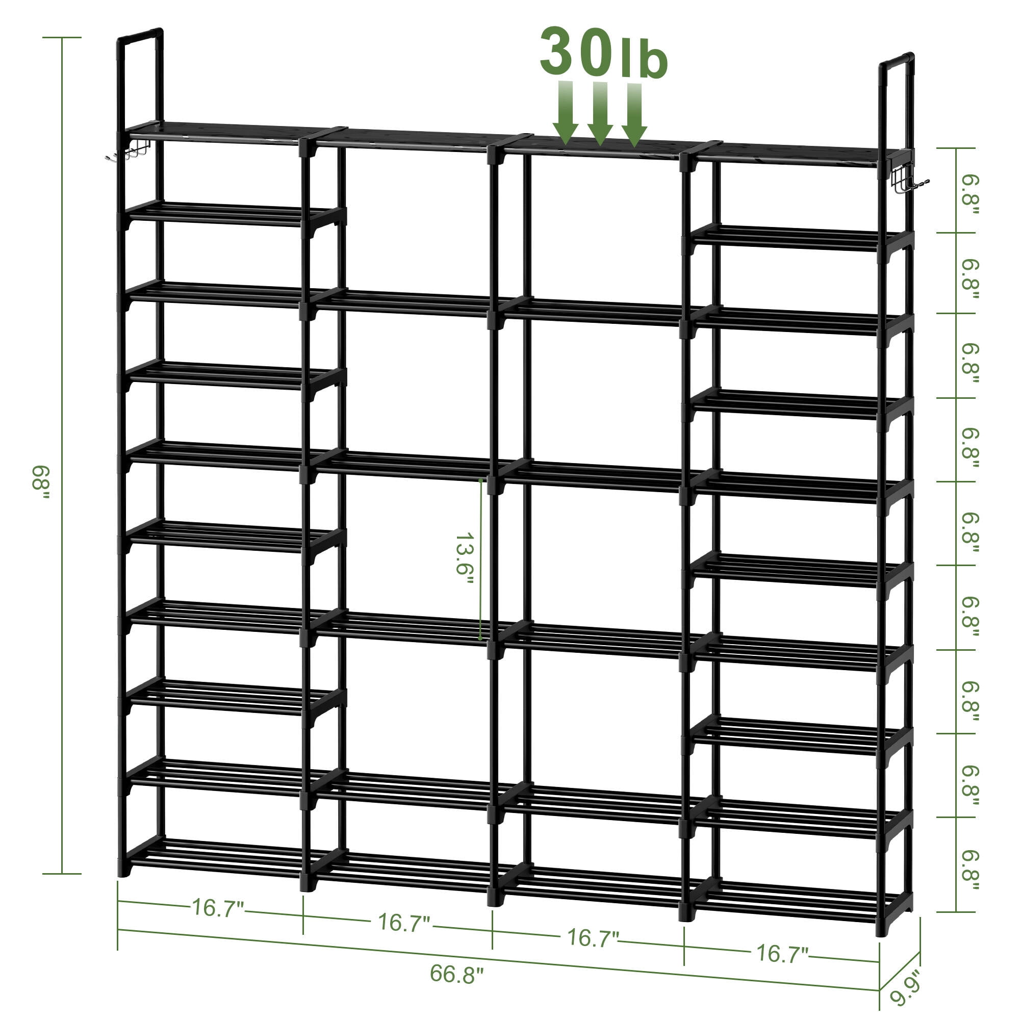 BGTREND 10-Tier Shoe Rack 4-Row Large Metal Shoe Storage Organizer 65-70 Pairs for Garage Entryway Closet (68 inches, Black)