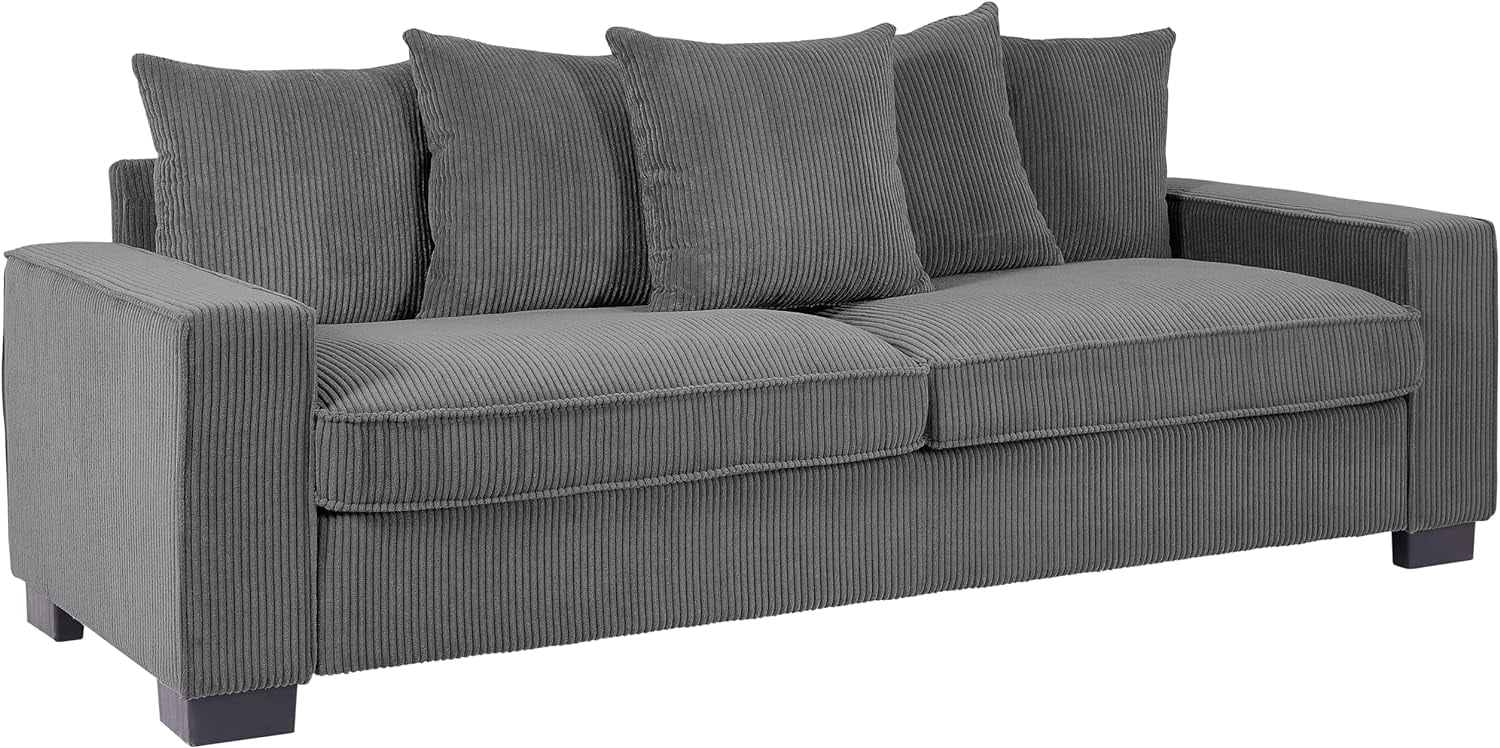 US Pride Furniture Luxe Corduroy Sofa with 5 Matching Toss Pillows, Sleek Design, Spacious and Comfortable 3 Seater Couch for Modern Living Room, Gray