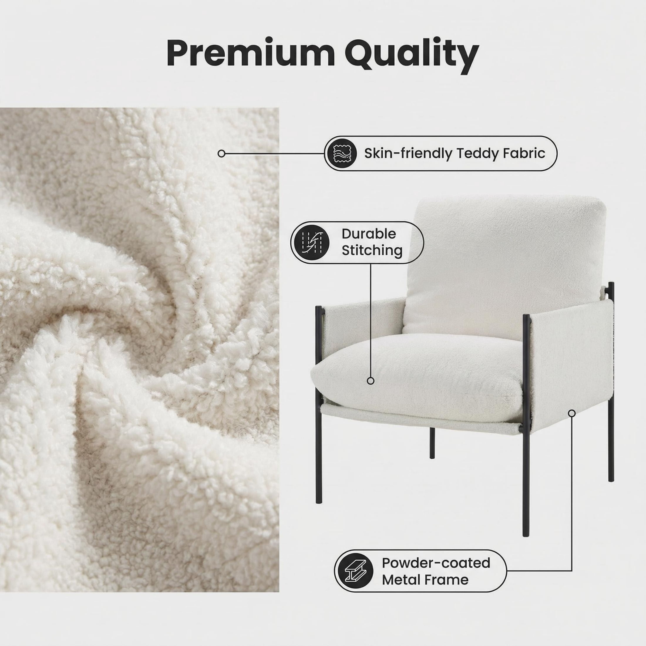 Vinform Modern Accent Chair, Arm Chair with Removable Cushion, Metal Frame for Living Room, White