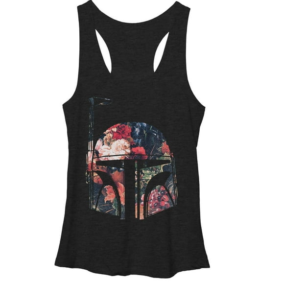 Women's Star Wars Boba Fett Floral Print Helmet  Racerback Tank Top Black Heather Large