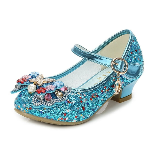 QHFBli Chaussures de Robe pour Filles Mariage Fête Talon Mary Jane Princesse Chaussures à Fleurs Bleu 6-6 Ans
