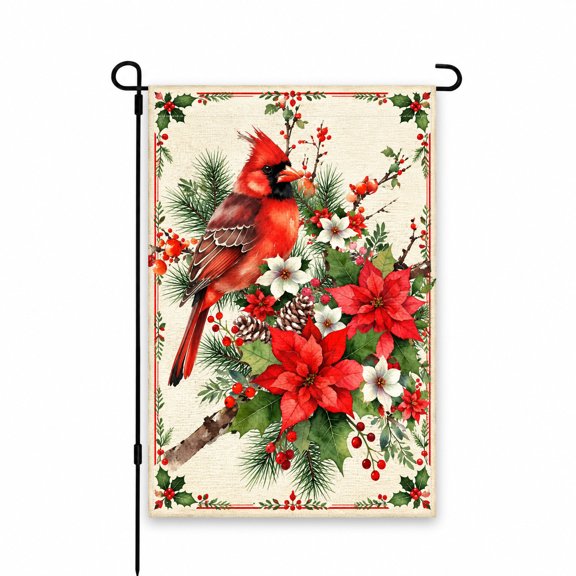 Festive Cardinal Christmas Garden Flag, 12 x 18 Inch Winter Holiday Decor for Yard, Lawn, Patio, Porch - Red Bird, Poinsettia, Pinecones, Holly Design