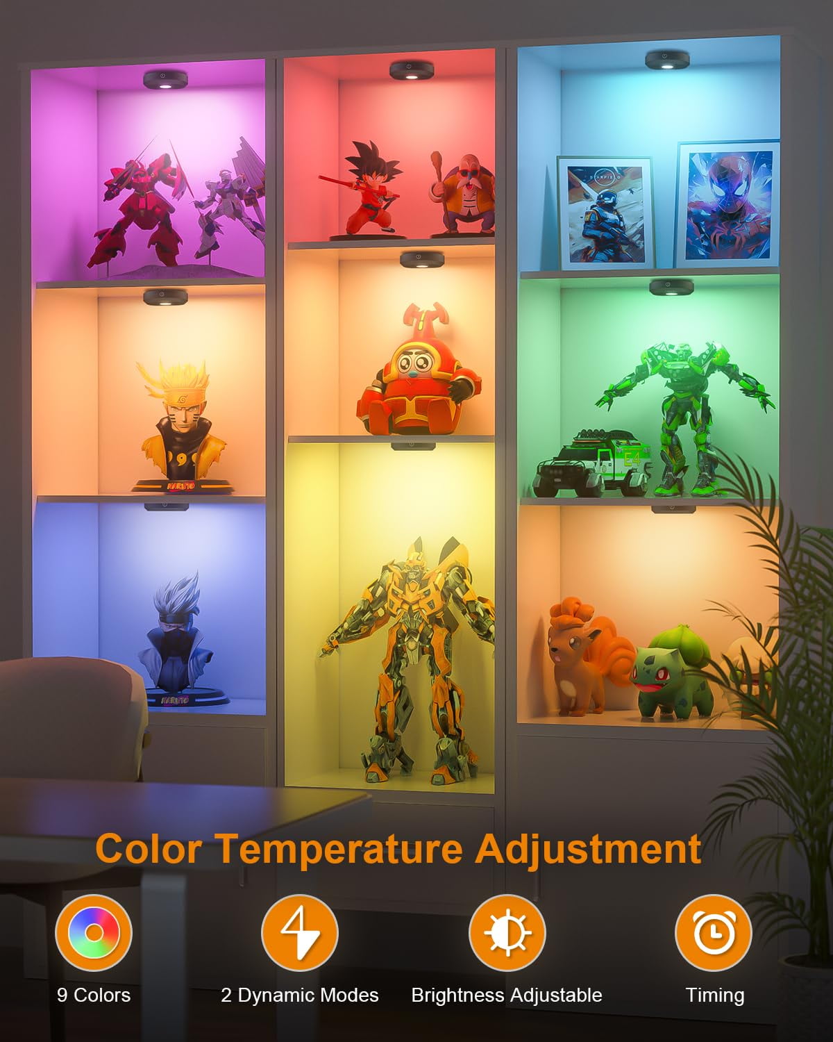 WILLED 6 Pack Rechargeable RGB Puck Lights with Remote Control, Wireless LED Tap Lights, Dimmable, 9 Colors, Timer Function, Under Cabinet Lighting for Kitchen, Closet, Counter, Shelf