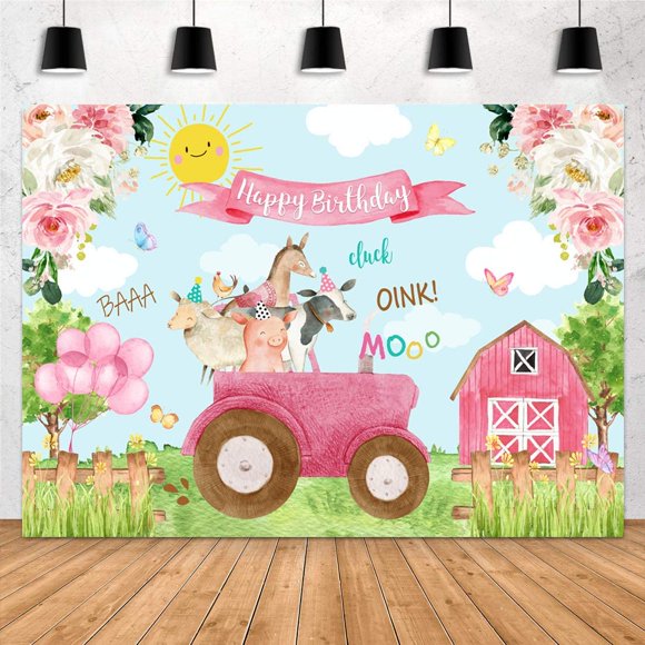 Aperturee Cartoon Farm Animals Happy Birthday Photography Backdrop 7x5ft Pink Flowers Floral Barn Girls Children