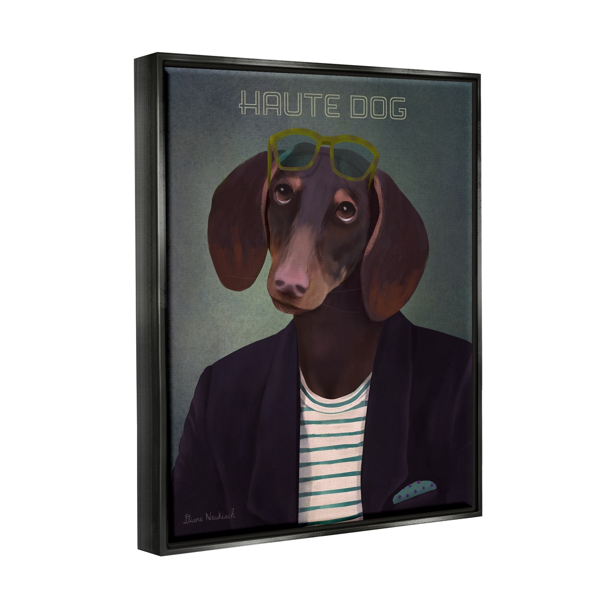 Stupell Industries Haute Dog Quirky Wearing Clothes Blazer Sunglasses Graphic Art Jet Black Floating Framed Canvas Print Wall Art, Design by Diane Neukirch