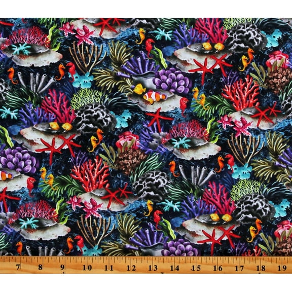 Cotton Ocean Sea Fish Fishes Nautical Coral Reef The Reef Cotton Multicolor Fabric Print by the Yard (OA593861)