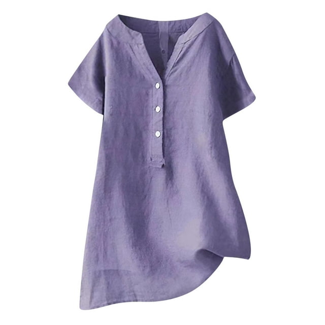 UPPADA Plus Size Tops for Women Dressy Long Sleeve Shirts Solid Color Linen Blouses Button Up V-Neck Pullover Causal Tee