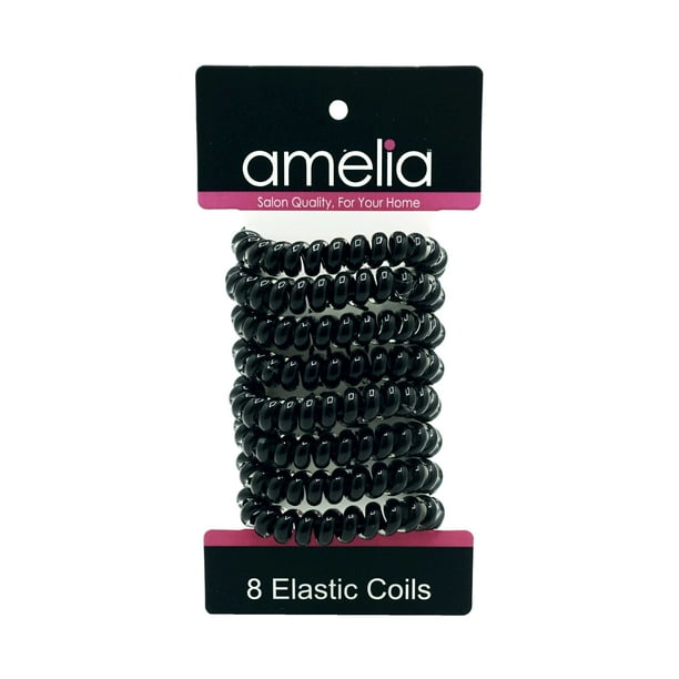 8 Smooth Elastic Hair Coils, 2in Diameter, Medium Size, Black Color