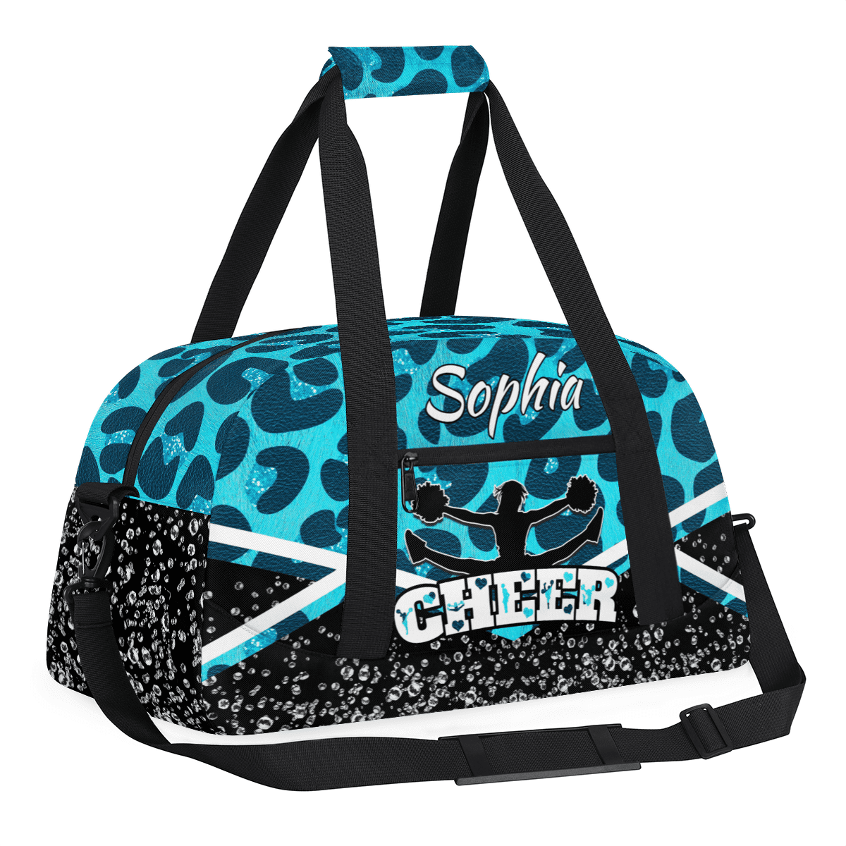 Jiaoprinted Personalized Cheerleader Bag Dance Bag, Custom Sport Gym Bag with Name, Customized Travel Duffel Bag for Cheer Team, Blue Leopard