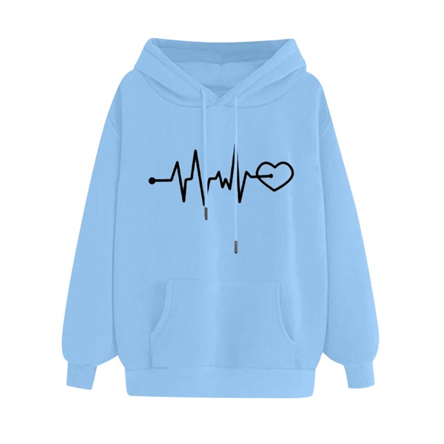 Pompotops Women's Comfortable Sweater Heart Pattern Printed Women's Hooded Pocket Drawstring Sweater Clearance