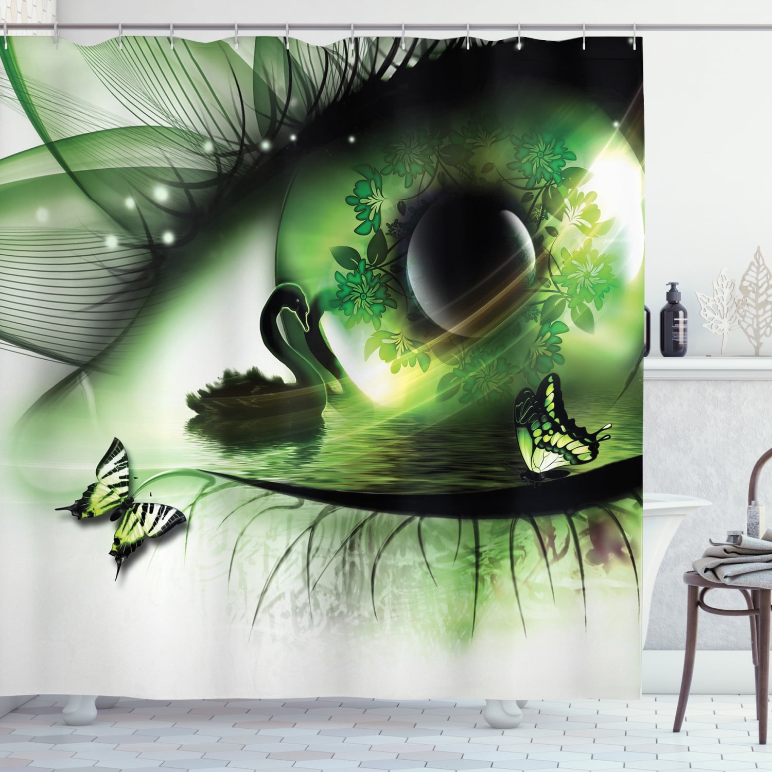 Abstract Artwork with Swan Eye Butterflies Image Modern Decor Shower Curtain Set 