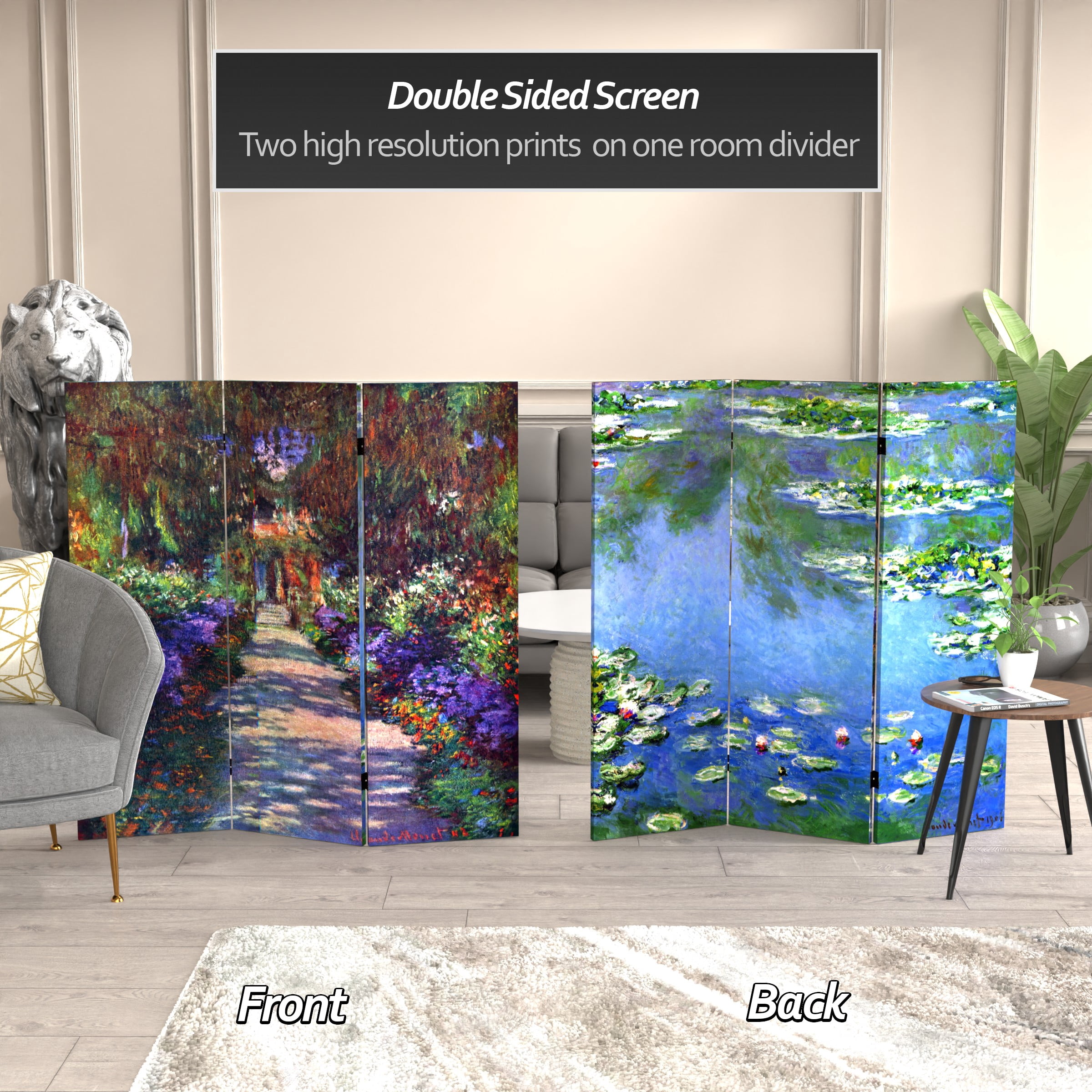 Red Lantern 4 ft. Short Monet Canvas Folding Screen - Lilies/Garden at Giverny