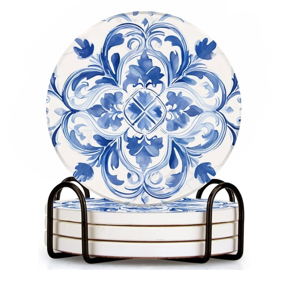 Drink Coasters Set of 4 with Holder Blue and white porcelain with water drops with traditional Chinese elements Water Absorbent Ceramic Coasters Tabletop Protection,Suitable for Various Cup