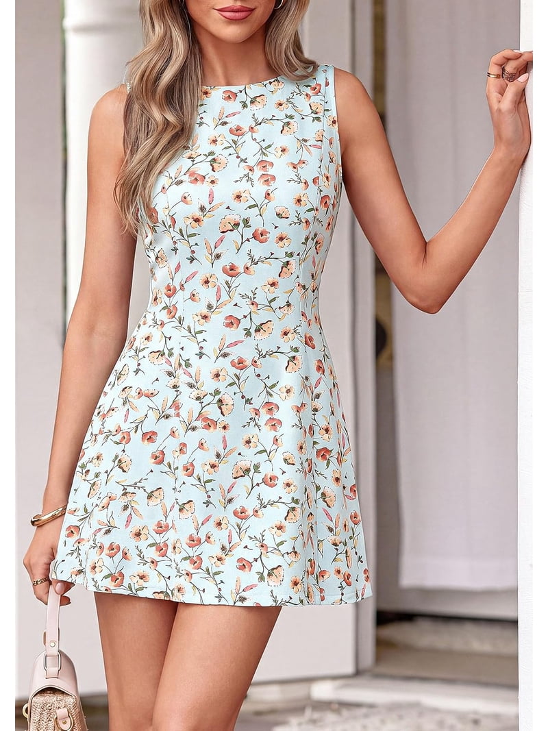 summer floral cocktail dresses Carlikeit Women's 2026 Sleeveless Mini Dress Boat Neck A-Line Party Dress with Pockets Casual Wedding Guest Dress 🖤, ., ., ., sc_389003 out details at the Color:Bright Teal floral cocktail dress for wedding