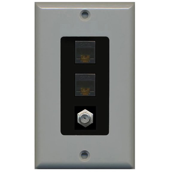 RiteAV Decorative 1 Gang Wall Plate (Gray/Black) 3 Port - 2 x Cat6, 1 x Coax