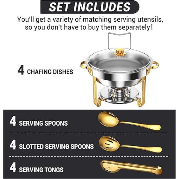 Elegant 5Qt Gold Stainless Steel Chafing Dish Buffet Set – 4 Pack Round Food Warmers with Tempered Glass Lids, Full Size Pans, Utensils, Folding Stands & Alcohol Fuel Holders – Ideal for Catering