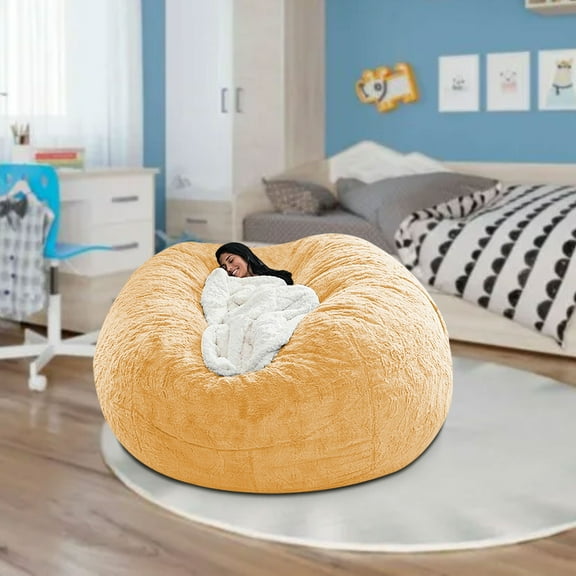 PATLOLLAV Round Giant Bean Bag Chair Cover,Yellow Giant Fur Bean Bag Chair Cover,71×35 Inch Living Room Furniture Round Soft Fluffy Faux Fur Beanbag Lazy Sofa Bed Cover, (Cover only, No Filler)