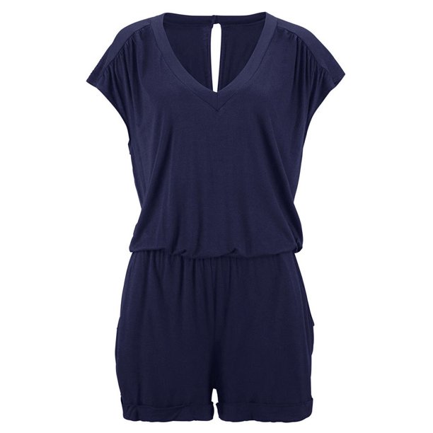 Yuarrent Mono de verano liso de algodón con cuello en V para mujer, mono de manga corta para niña Deportes acuáticos Azul real XXL