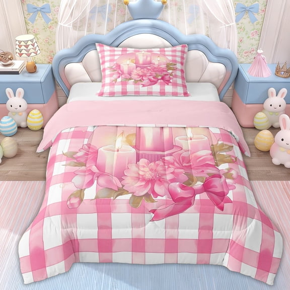 Erosebridal Happy Easter Girls Twin Comforter Sets, Pink Flower Bow Bedding Set, 2 Pieces