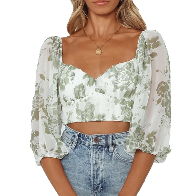 Camiseta de gasa con cuello en V para mujer, mangas medias abullonadas, pecho plisado, tipo corto, estampado floral, camiseta verde S