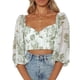 thumbnail image 1 of Camiseta de gasa con cuello en V para mujer, mangas medias abullonadas, pecho plisado, tipo corto, estampado floral, camiseta verde XL, 1 of 6